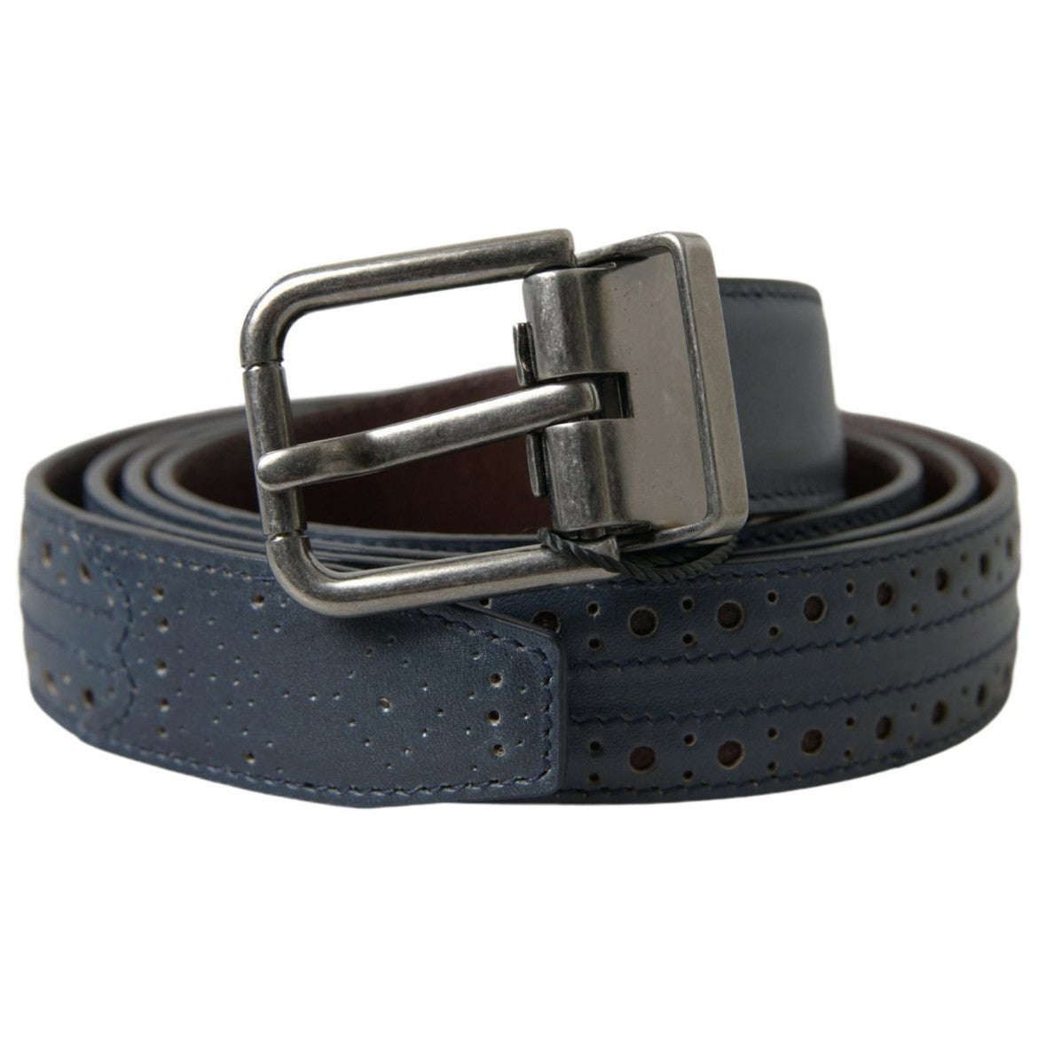 Dolce & Gabbana Blue Leather Perforated Metal Buckle Belt