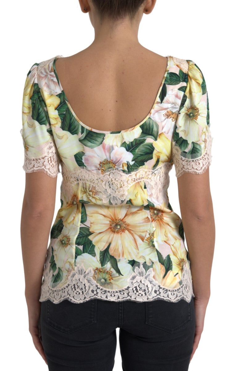 Dolce & Gabbana Multicolor Floral Lace V Neck Blouse Dolce & Gabbana