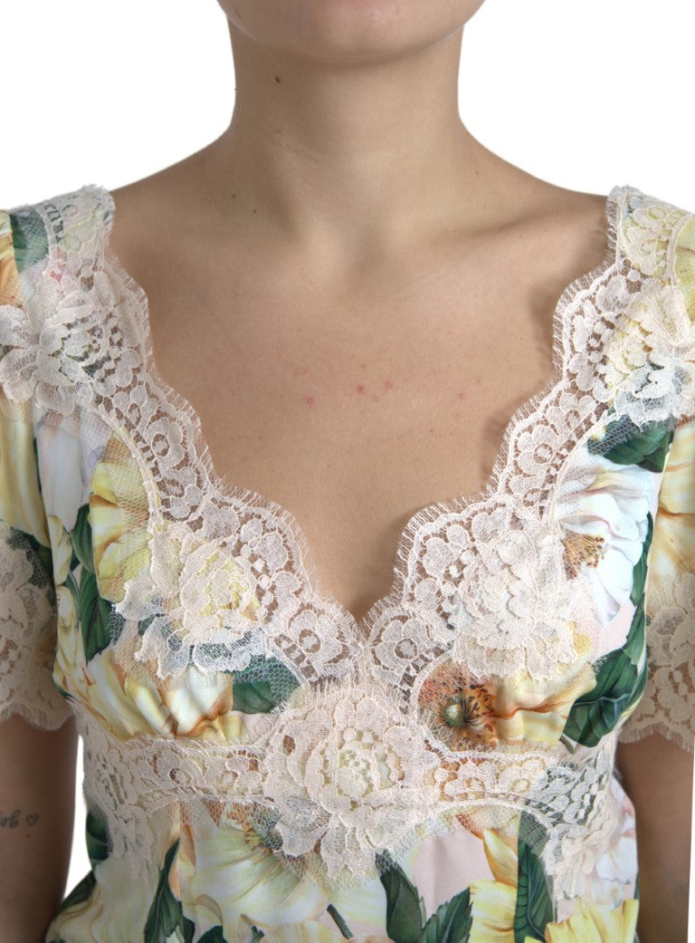 Dolce & Gabbana Multicolor Floral Lace V Neck Blouse Dolce & Gabbana