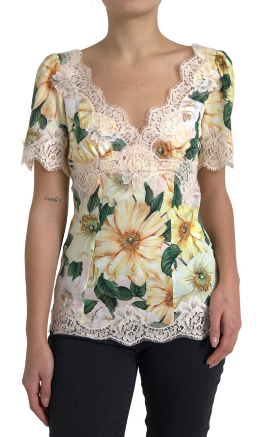 Dolce & Gabbana Multicolor Floral Lace V Neck Blouse Dolce & Gabbana