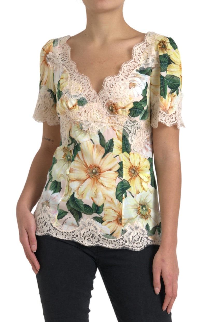 Dolce & Gabbana Multicolor Floral Lace V Neck Blouse Dolce & Gabbana