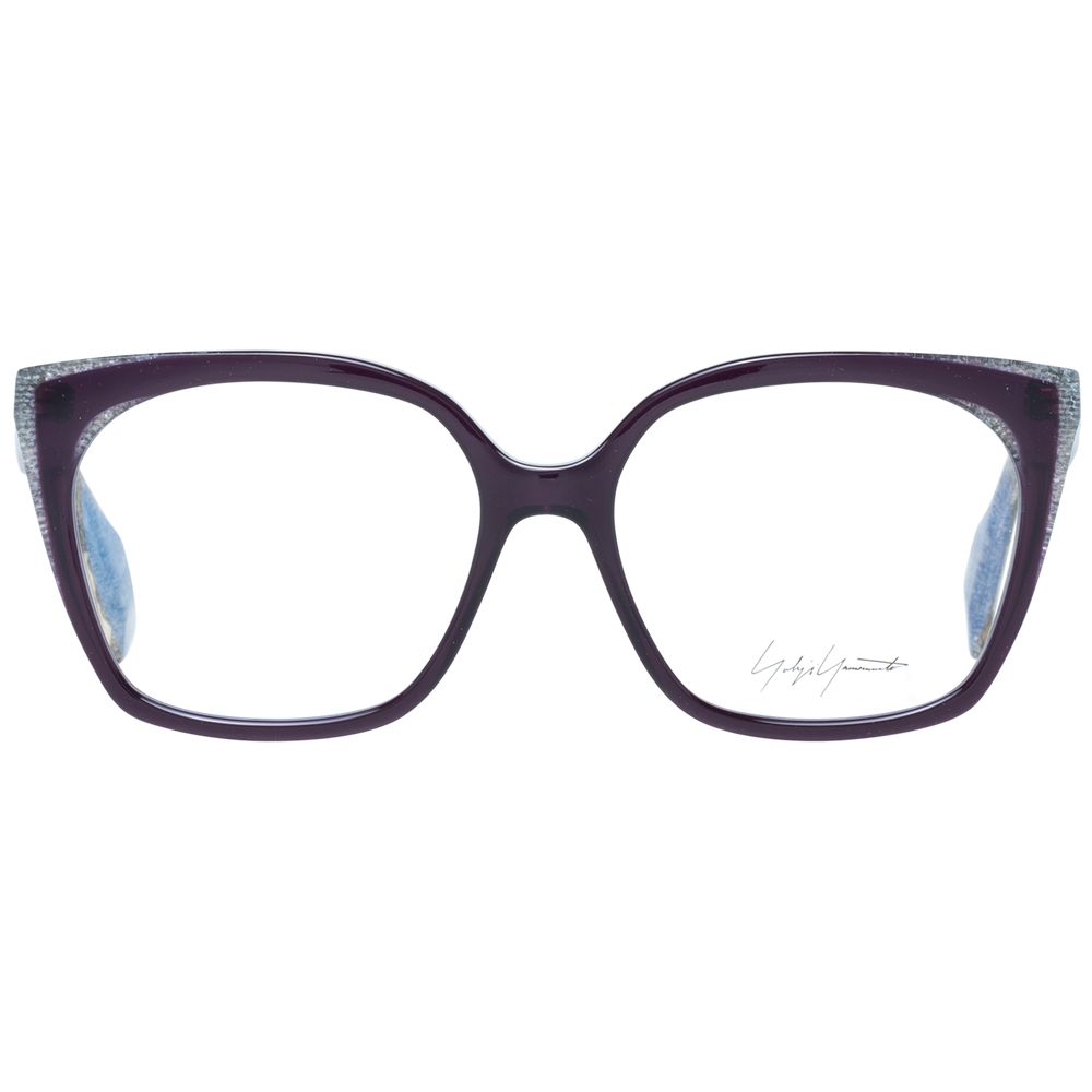 Yohji Yamamoto purple plastic glasses frames with sleek, modern design and clear lenses on a white background.