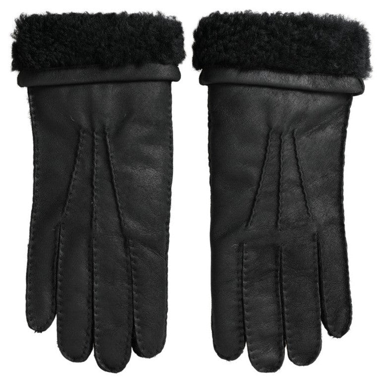 Dolce & Gabbana Black Leather Fur Short Hands Mitten Men Gloves