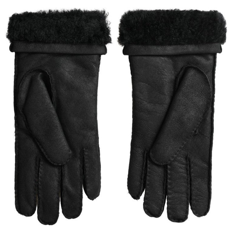 Dolce & Gabbana Black Leather Fur Short Hands Mitten Men Gloves