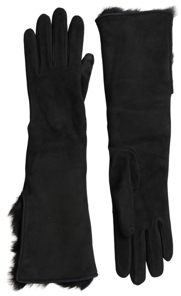 Dolce & Gabbana Black Leather Fur Elbow Length Gloves Dolce & Gabbana
