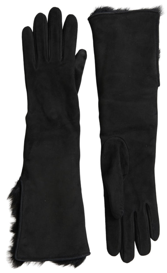 Dolce & Gabbana Black Leather Fur Elbow Length Gloves Dolce & Gabbana