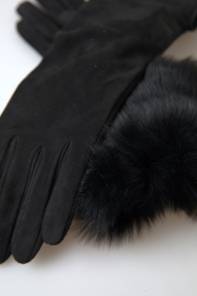 Dolce & Gabbana Black Leather Fur Elbow Length Gloves Dolce & Gabbana