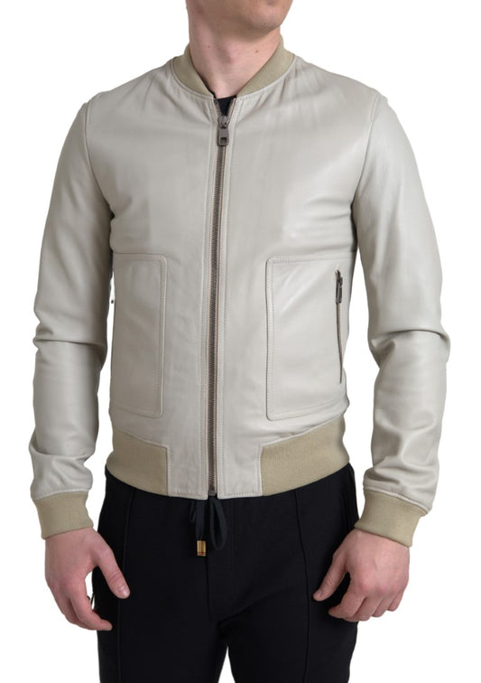 Dolce & Gabbana Cream Leather Bomber Blouson Full Zip Jacket Dolce & Gabbana