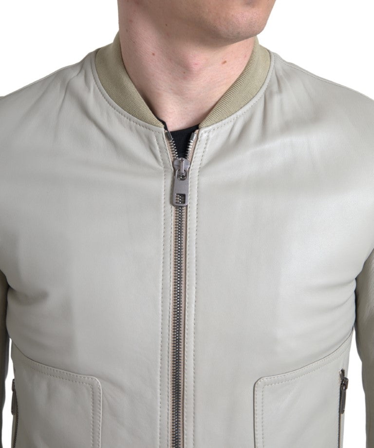 Dolce & Gabbana Cream Leather Bomber Blouson Full Zip Jacket Dolce & Gabbana
