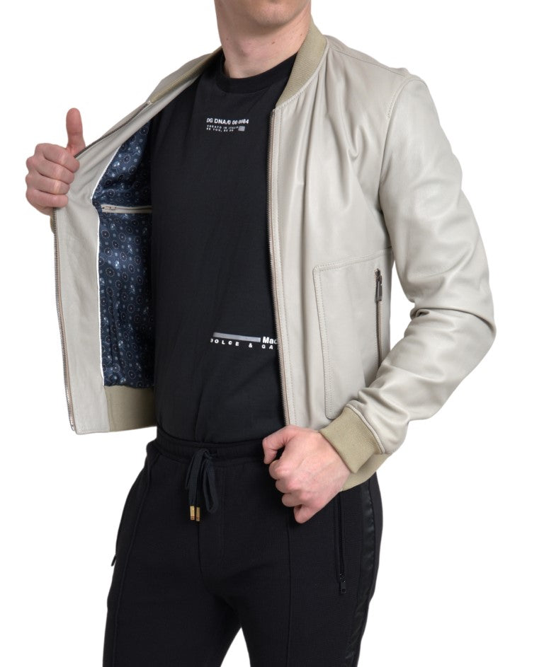 Dolce & Gabbana Cream Leather Bomber Blouson Full Zip Jacket Dolce & Gabbana