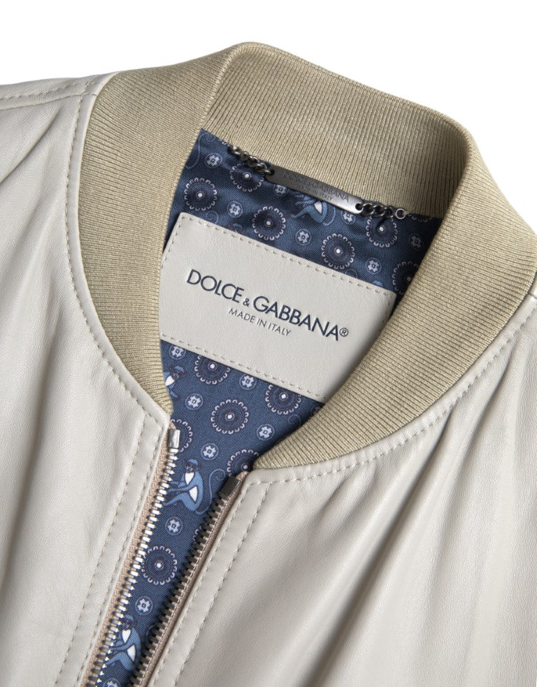 Dolce & Gabbana Cream Leather Bomber Blouson Full Zip Jacket Dolce & Gabbana