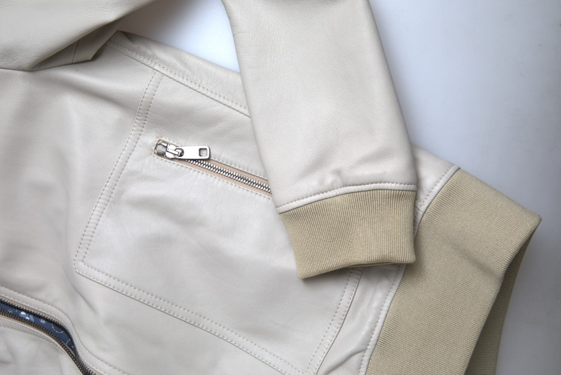 Dolce & Gabbana Cream Leather Bomber Blouson Full Zip Jacket Dolce & Gabbana