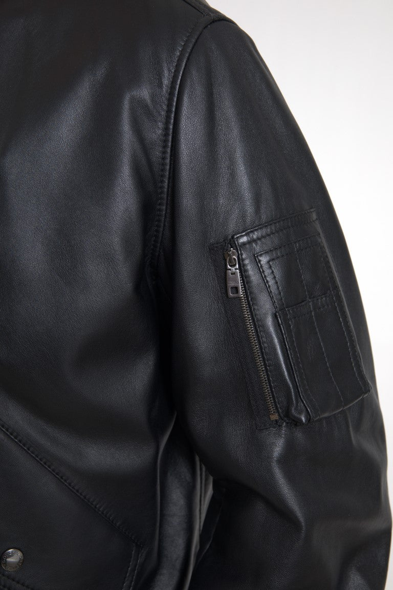Dolce & Gabbana Black Leather Blouson Full Zip Bomber Jacket Dolce & Gabbana