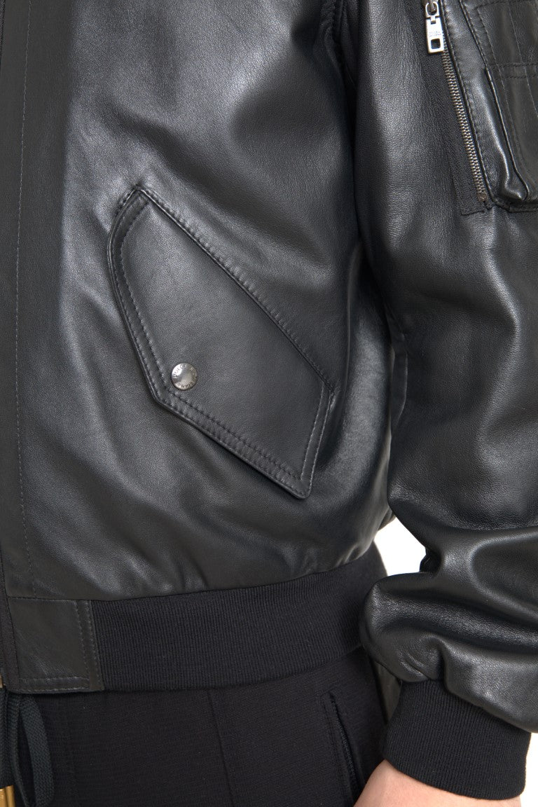 Dolce & Gabbana Black Leather Blouson Full Zip Bomber Jacket Dolce & Gabbana