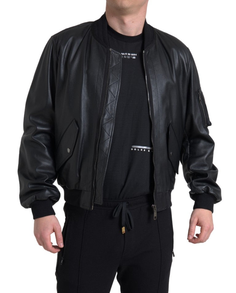 Dolce & Gabbana Black Leather Blouson Full Zip Bomber Jacket Dolce & Gabbana