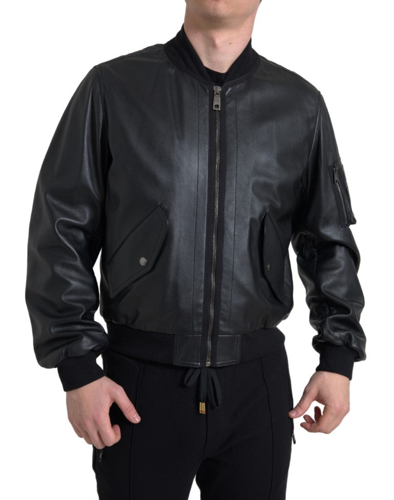Dolce & Gabbana Black Leather Blouson Full Zip Bomber Jacket Dolce & Gabbana