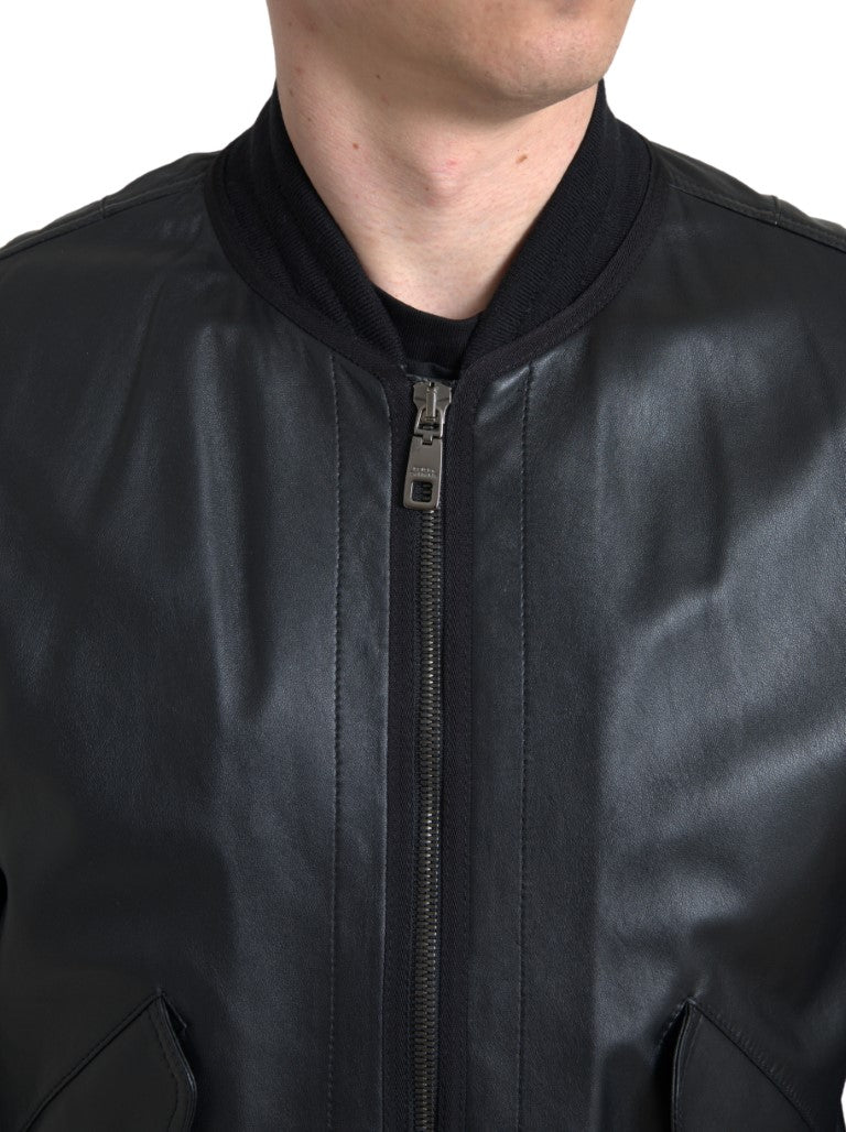 Dolce & Gabbana Black Leather Blouson Full Zip Bomber Jacket Dolce & Gabbana