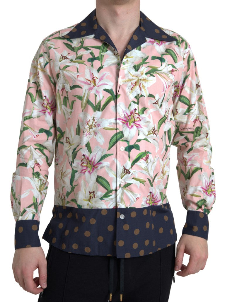 Dolce & Gabbana Cotton Polka Dot Lily Print Collared Shirt Dolce & Gabbana