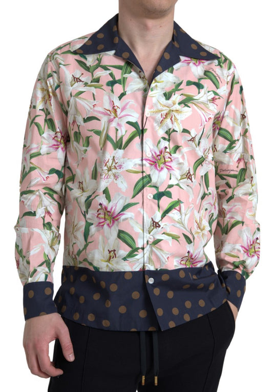 Dolce & Gabbana Cotton Polka Dot Lily Print Collared Shirt Dolce & Gabbana