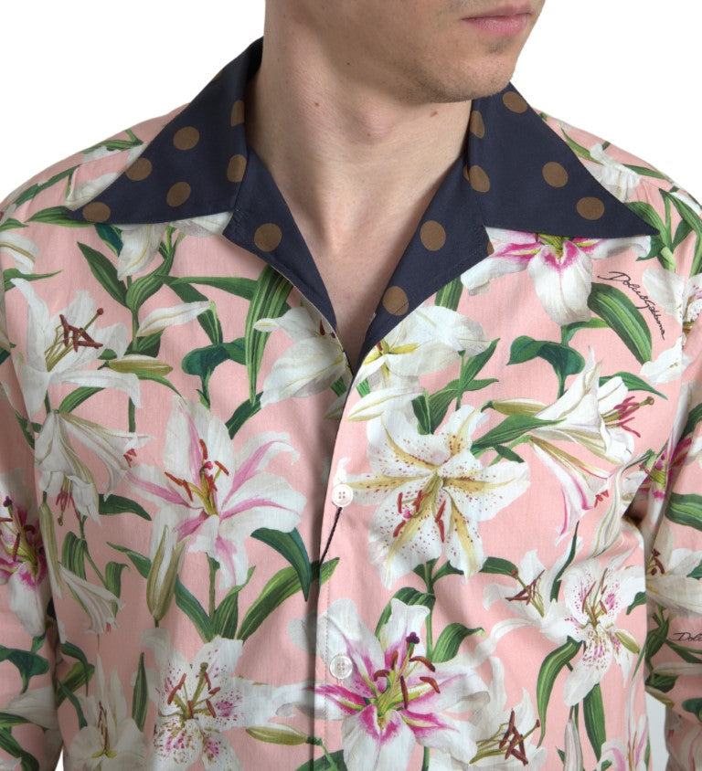 Dolce & Gabbana Cotton Polka Dot Lily Print Collared Shirt Dolce & Gabbana