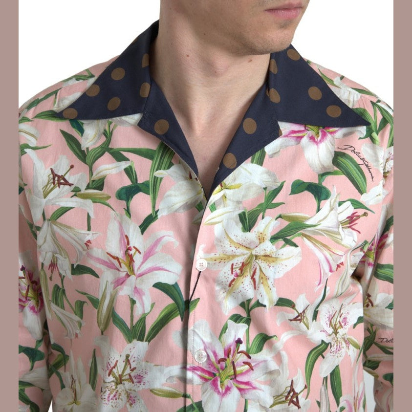Dolce & Gabbana Cotton Polka Dot Lily Print Collared Shirt