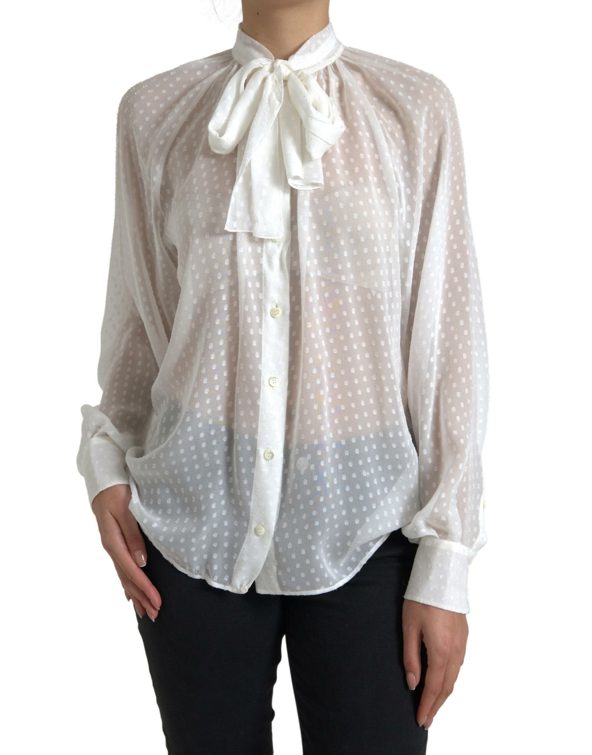 Dolce & Gabbana White Silk Sheer Tied Neck Polka Dots Blouse Dolce & Gabbana