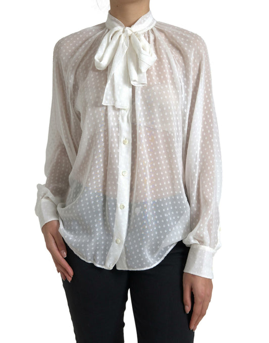Dolce & Gabbana White Silk Sheer Tied Neck Polka Dots Blouse Dolce & Gabbana