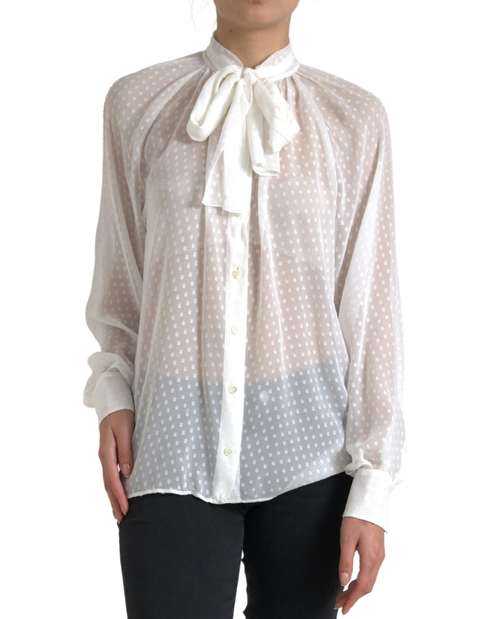 Dolce & Gabbana White Silk Sheer Tied Neck Polka Dots Blouse Dolce & Gabbana