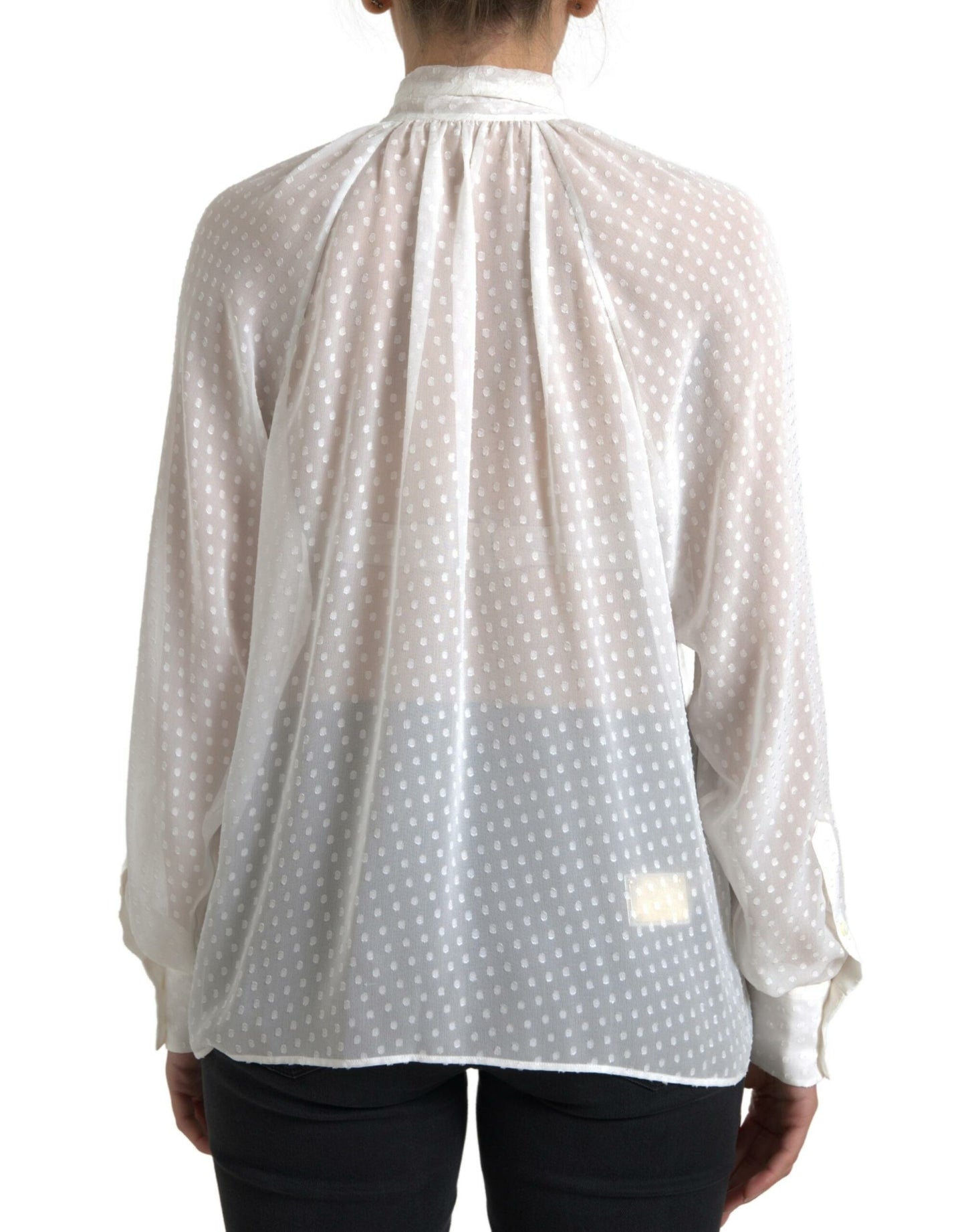 Dolce & Gabbana White Silk Sheer Tied Neck Polka Dots Blouse Dolce & Gabbana