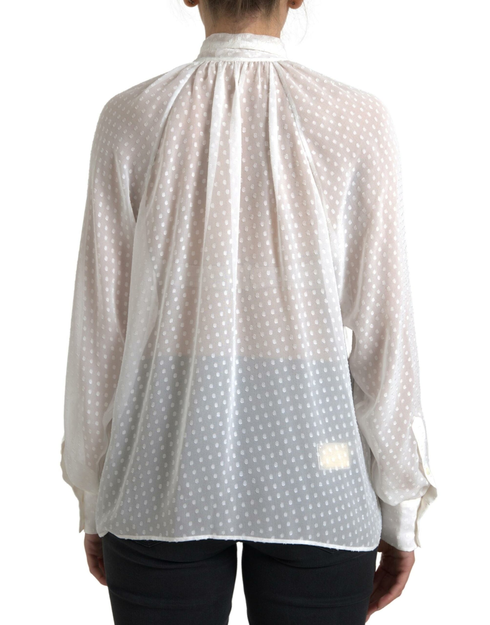 Dolce & Gabbana White Silk Sheer Tied Neck Polka Dots Blouse Dolce & Gabbana