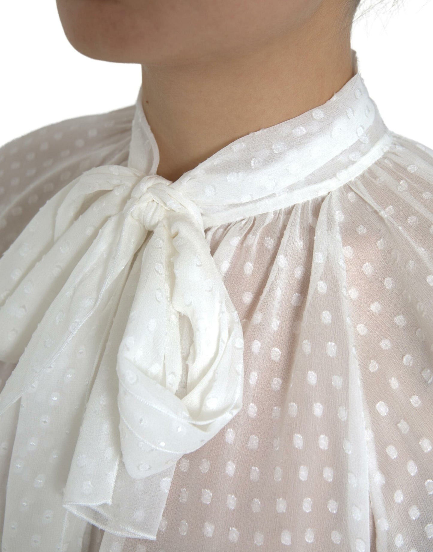 Dolce & Gabbana White Silk Sheer Tied Neck Polka Dots Blouse Dolce & Gabbana