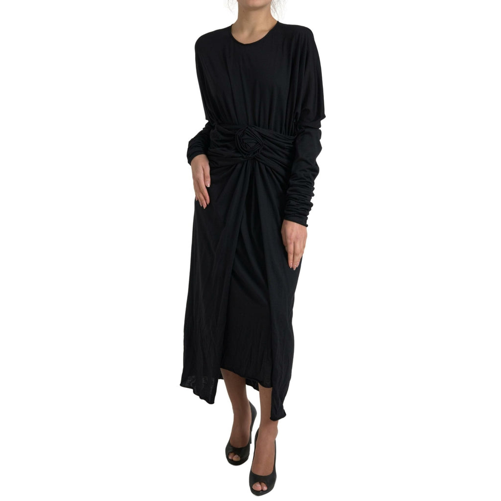 Dolce & Gabbana Black Wool Wrap Sheath Midi Gown Dress