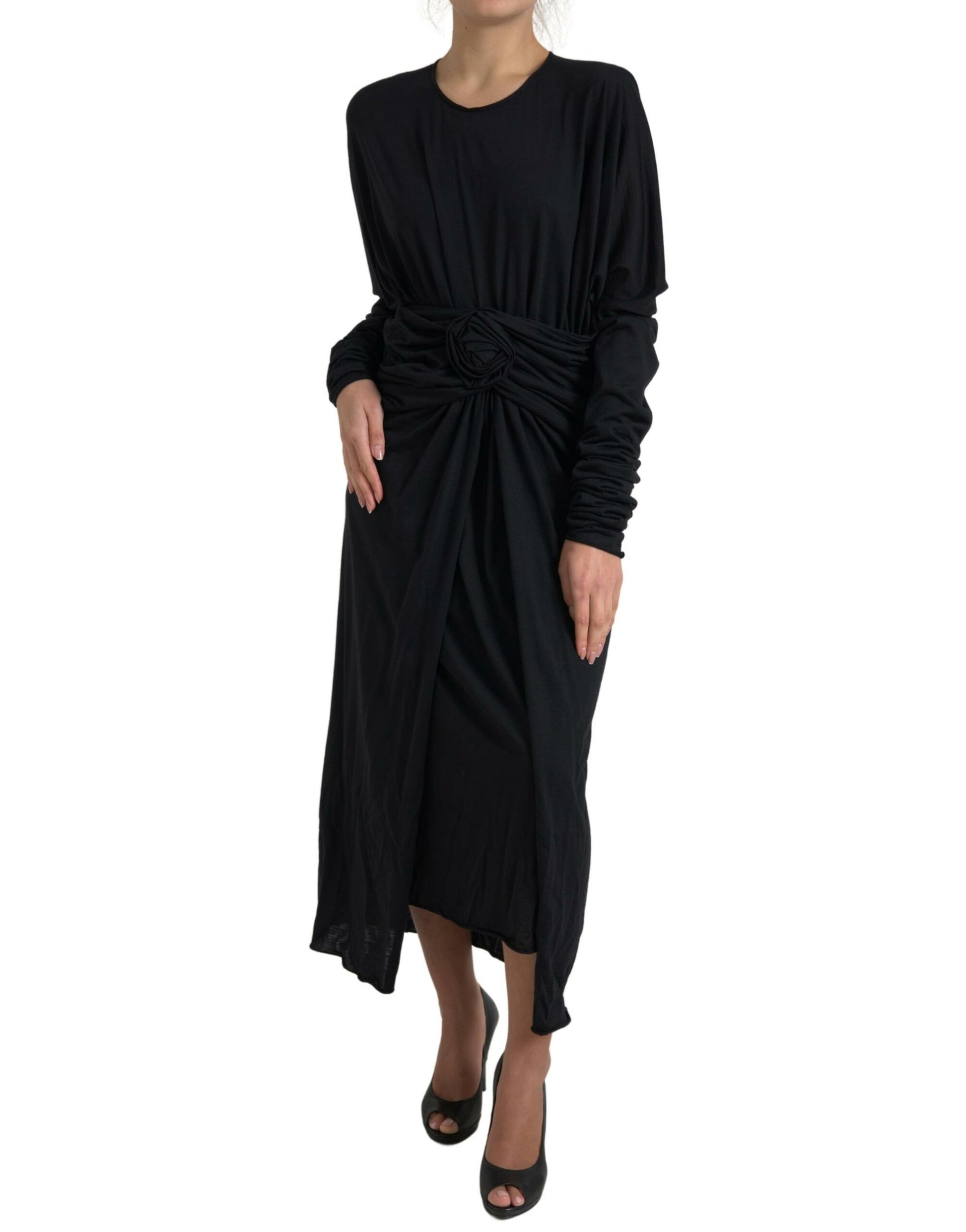 Dolce & Gabbana Black Wool Wrap Sheath Midi Gown Dress Dolce & Gabbana