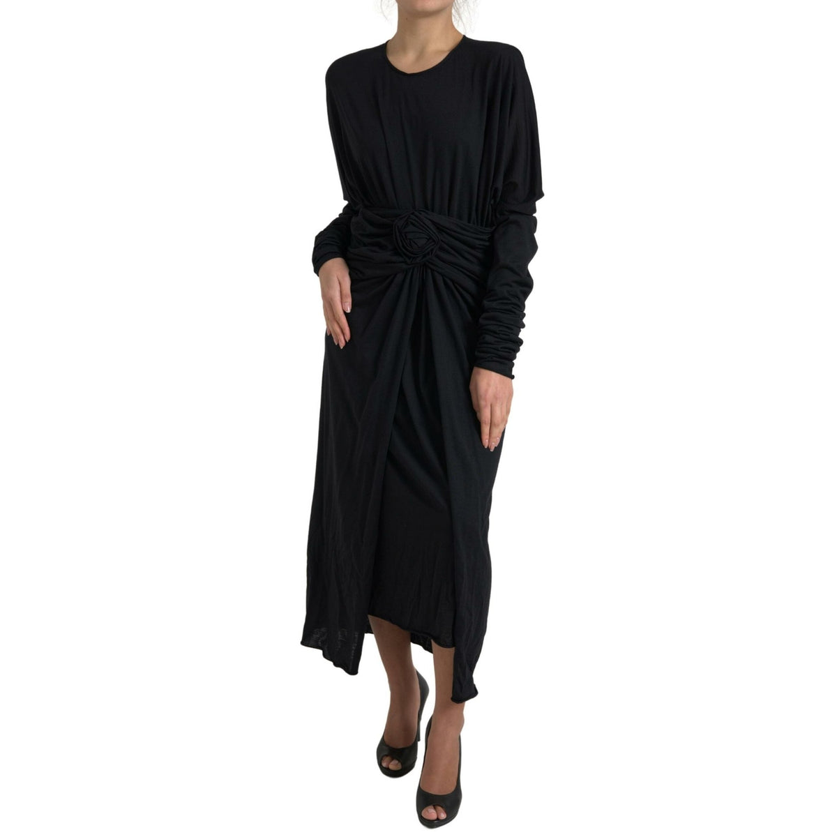 Dolce & Gabbana Black Wool Wrap Sheath Midi Gown Dress