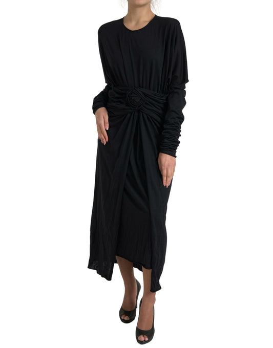 Dolce & Gabbana Black Wool Wrap Sheath Midi Gown Dress Dolce & Gabbana