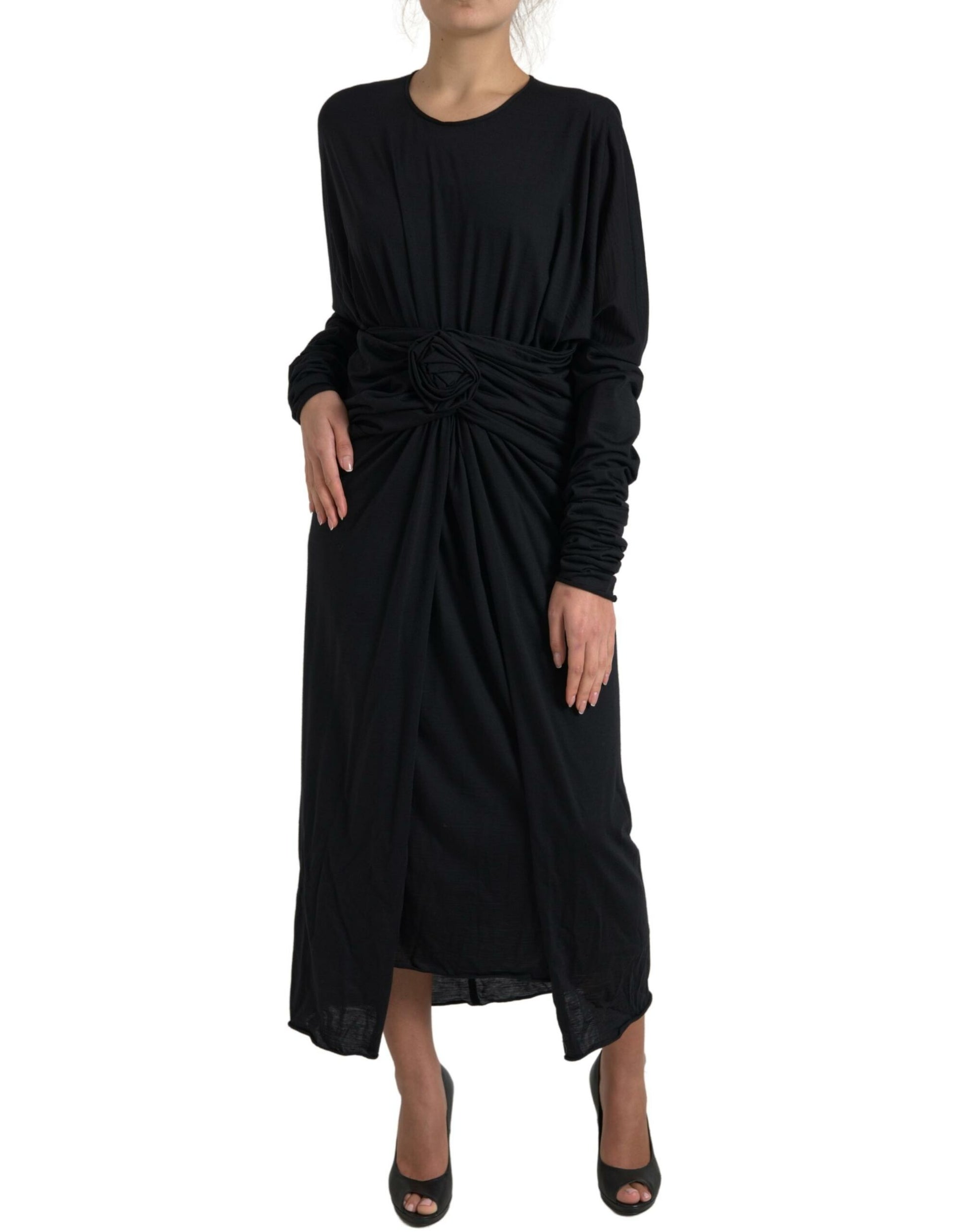 Dolce & Gabbana Black Wool Wrap Sheath Midi Gown Dress Dolce & Gabbana