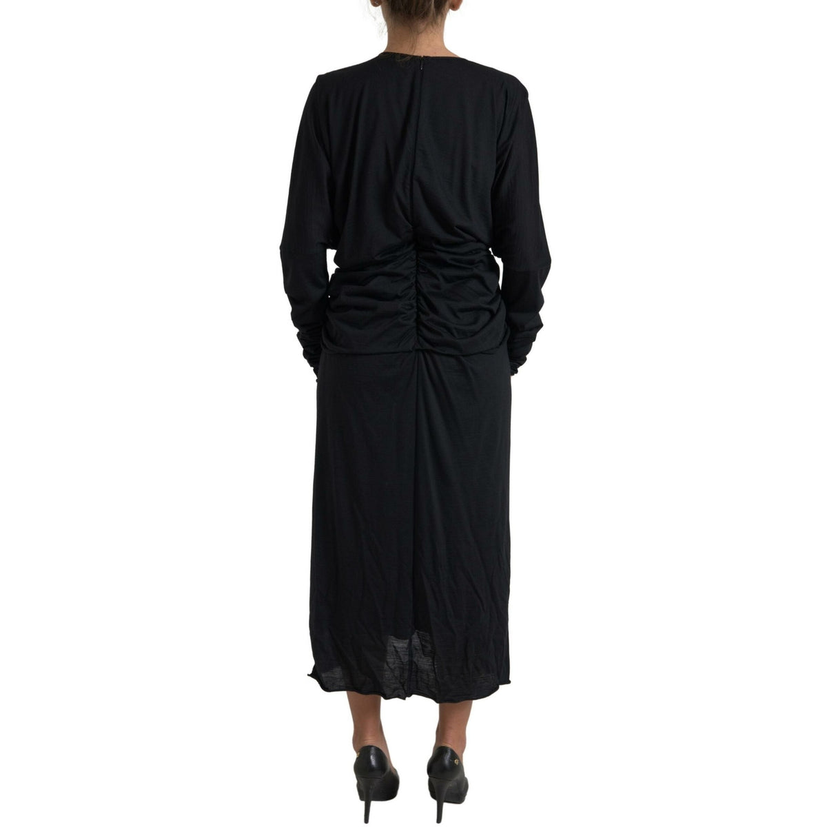 Dolce & Gabbana Black Wool Wrap Sheath Midi Gown Dress