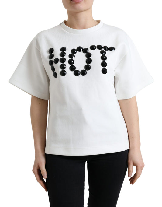 Dolce & Gabbana T-shirt White Cotton Stretch Black HOT Crystal Dolce & Gabbana