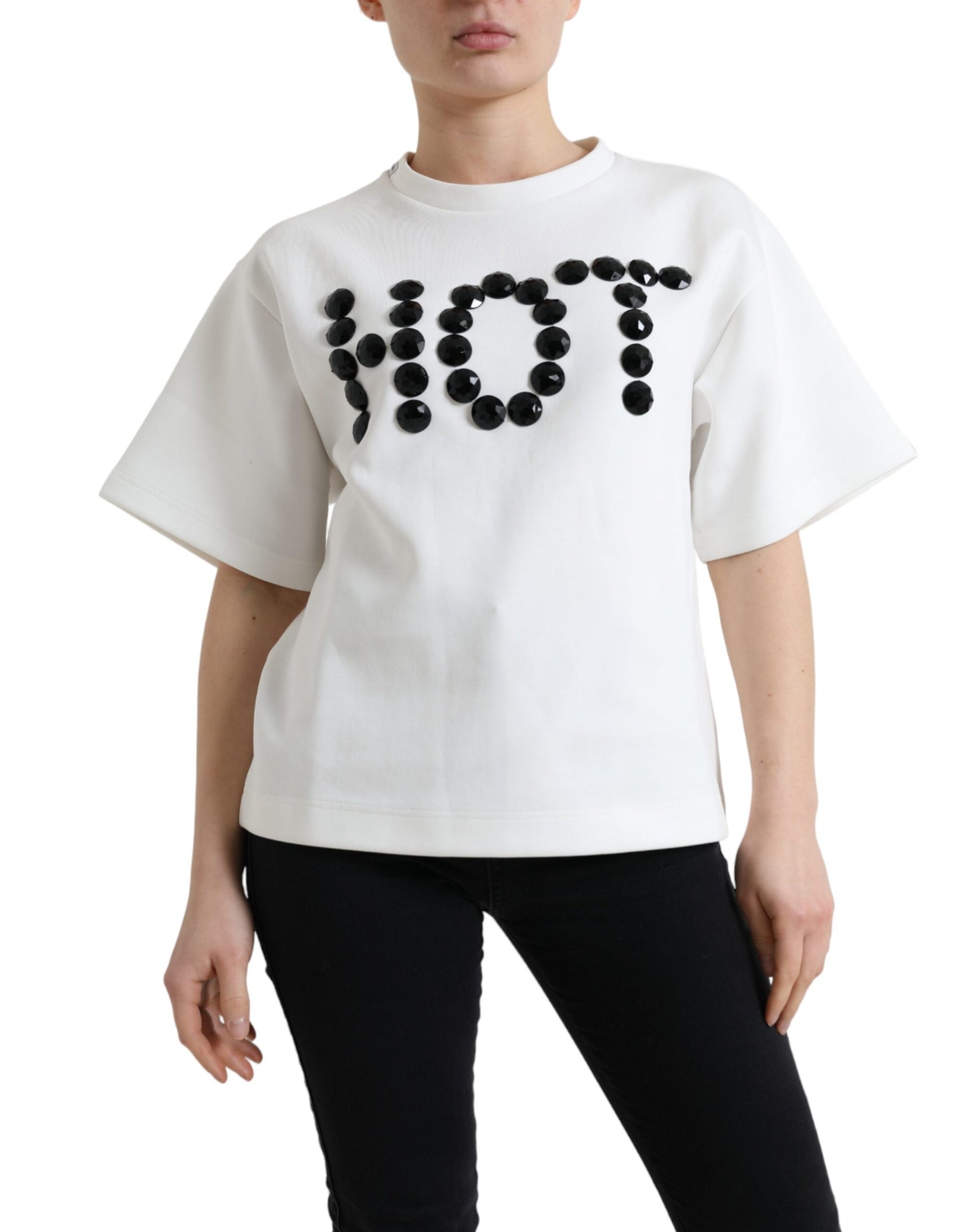 Dolce & Gabbana T-shirt White Cotton Stretch Black HOT Crystal Dolce & Gabbana