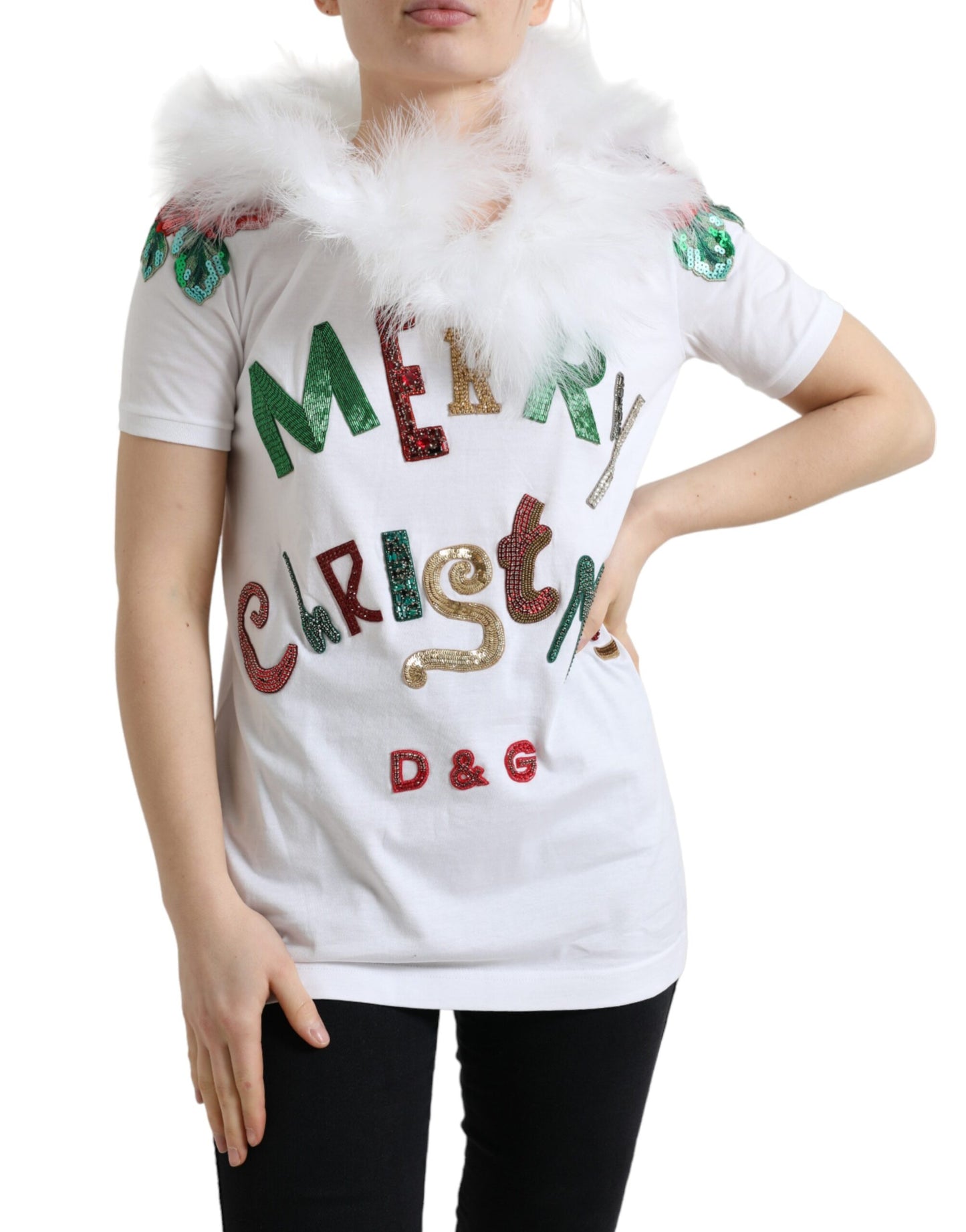 Dolce & Gabbana White Cotton Christmas Sequin Fur T-shirt Dolce & Gabbana
