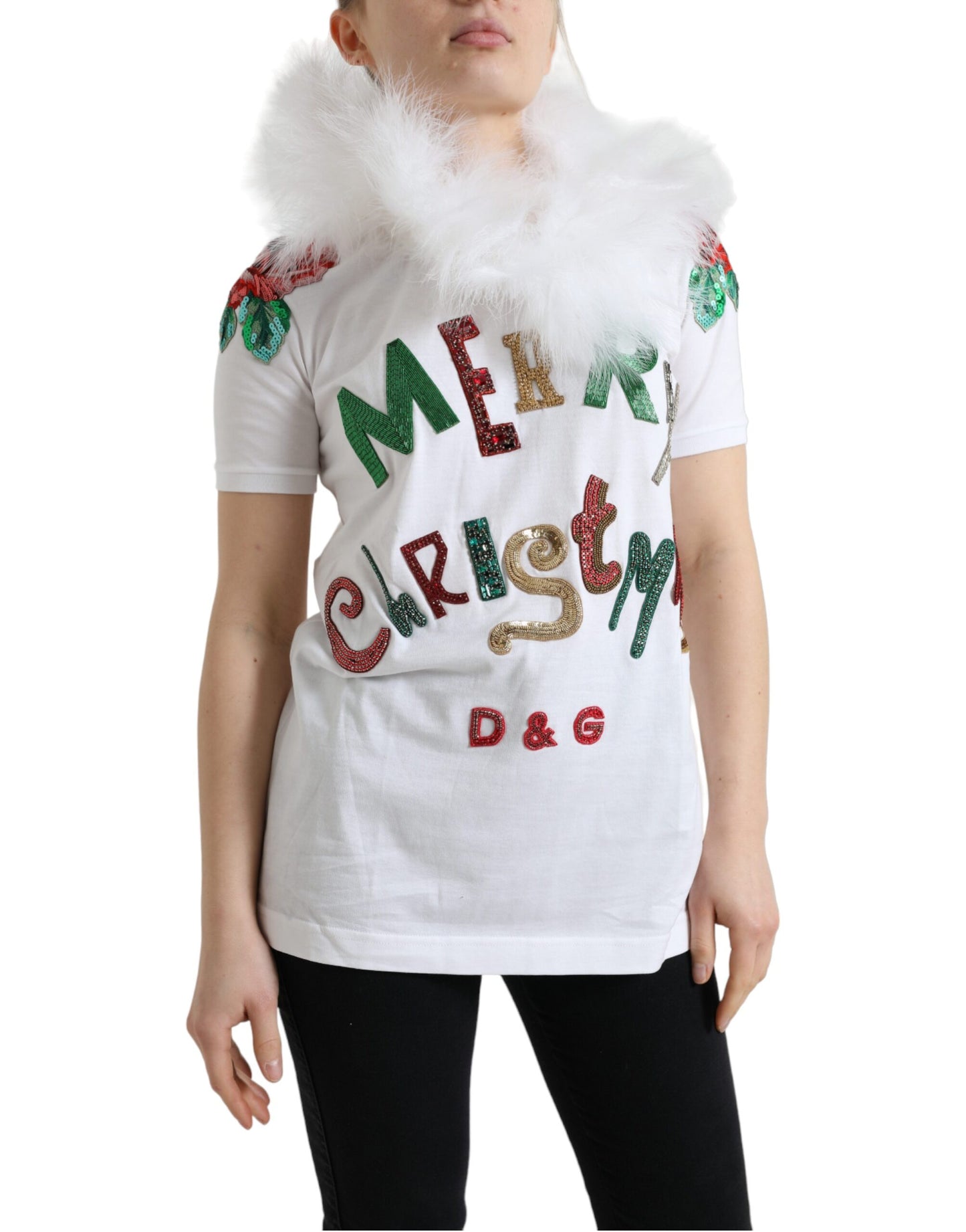Dolce & Gabbana White Cotton Christmas Sequin Fur T-shirt Dolce & Gabbana