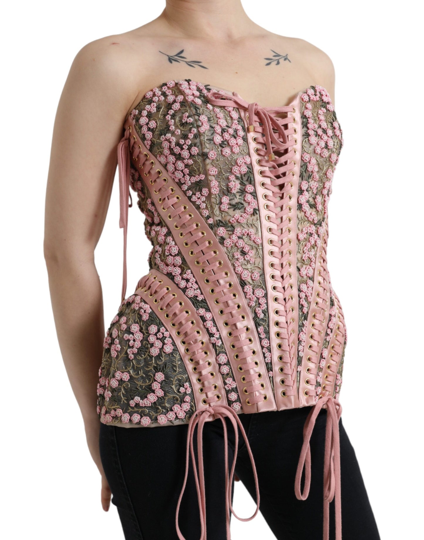 Dolce & Gabbana Pink Floral Applique Bustier Corset Top Dolce & Gabbana