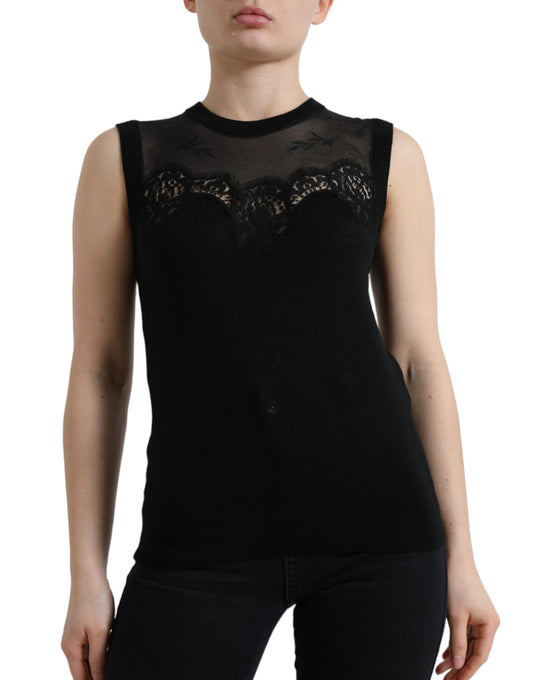 Dolce & Gabbana Black Cashmere Lace Trim Sleeveless Tank Top Dolce & Gabbana