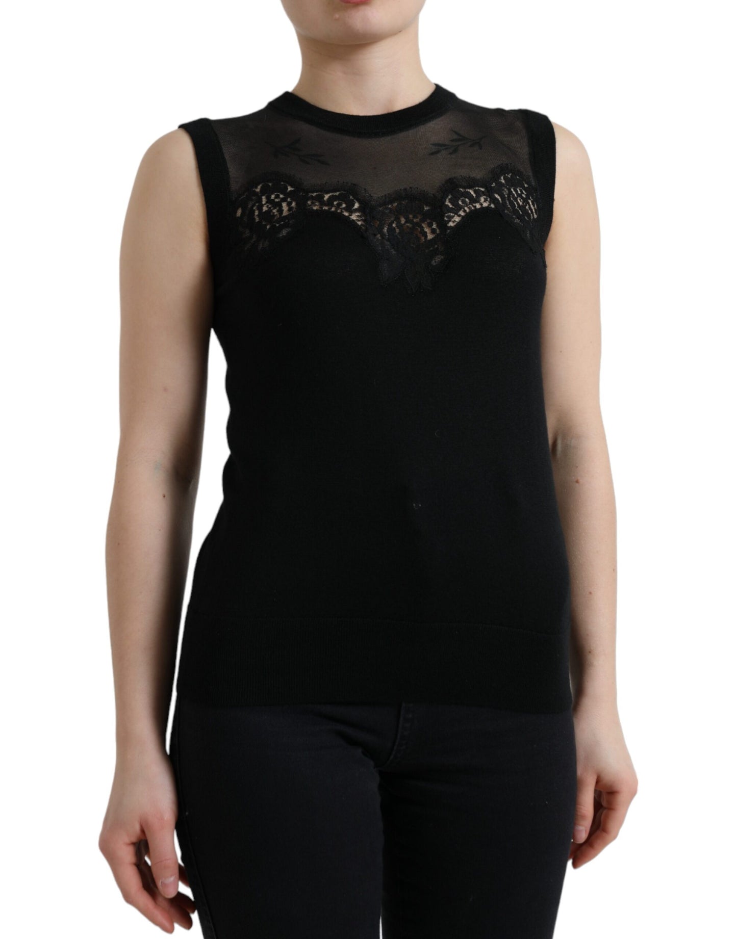 Dolce & Gabbana Black Cashmere Lace Trim Sleeveless Tank Top Dolce & Gabbana