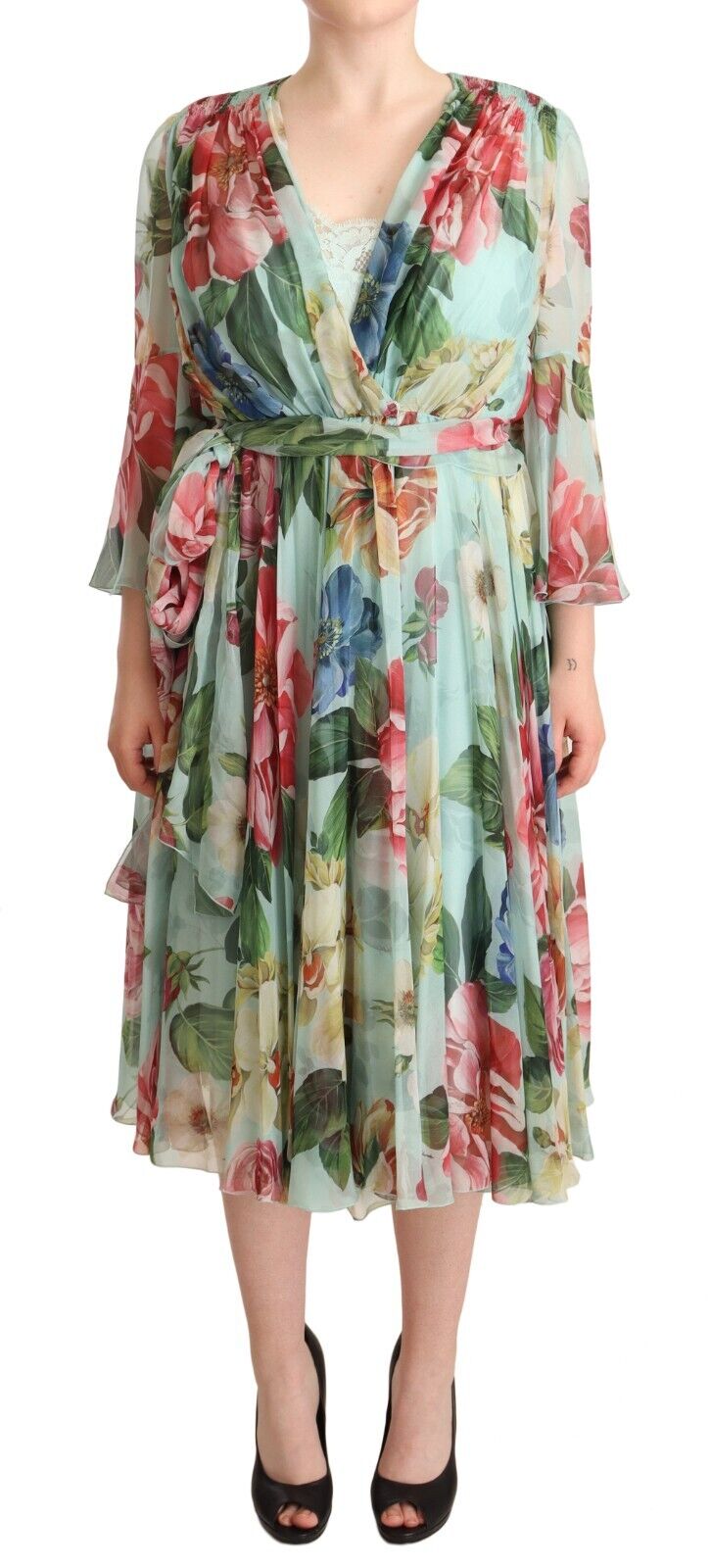 Dolce & Gabbana Multicolor Green Floral Silk Wrap Midi Dress Dolce & Gabbana