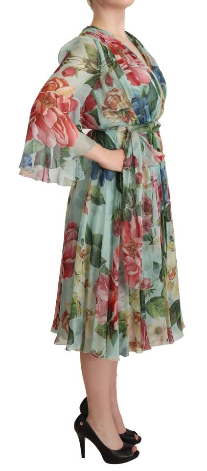 Dolce & Gabbana Multicolor Green Floral Silk Wrap Midi Dress Dolce & Gabbana