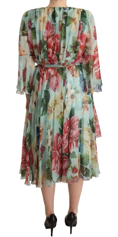 Dolce & Gabbana Multicolor Green Floral Silk Wrap Midi Dress Dolce & Gabbana