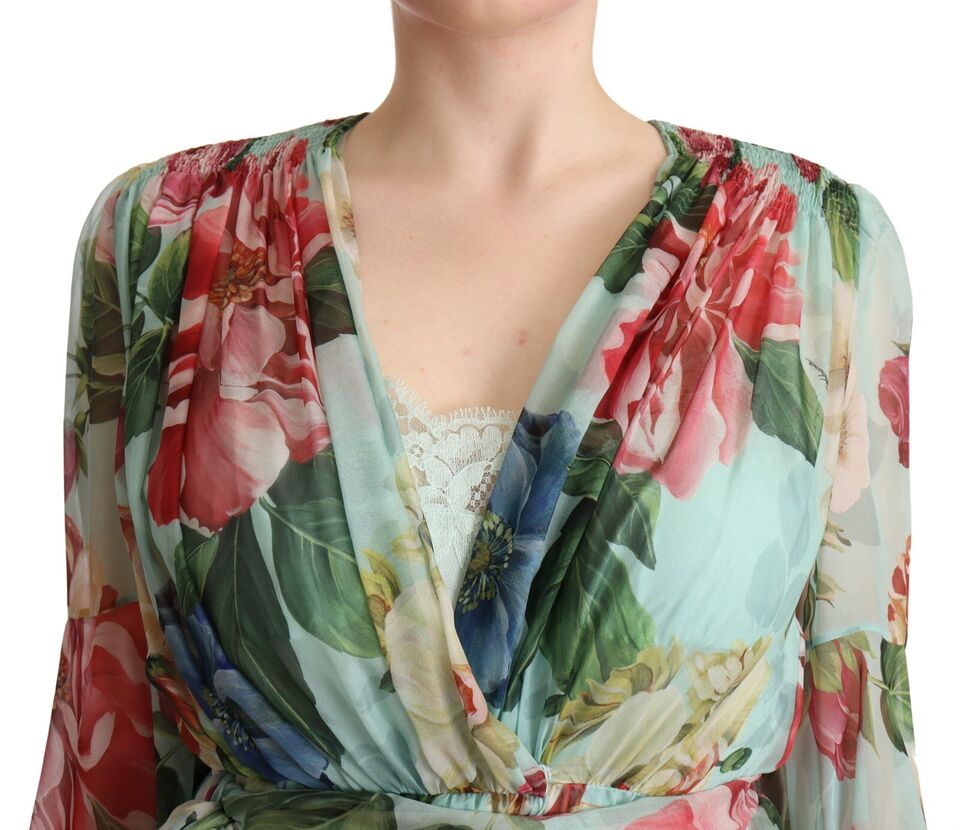 Dolce & Gabbana Multicolor Green Floral Silk Wrap Midi Dress Dolce & Gabbana