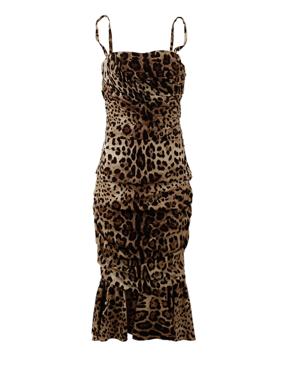 Dolce & Gabbana Brown Leopard Print Ruched Midi Dress Dolce & Gabbana