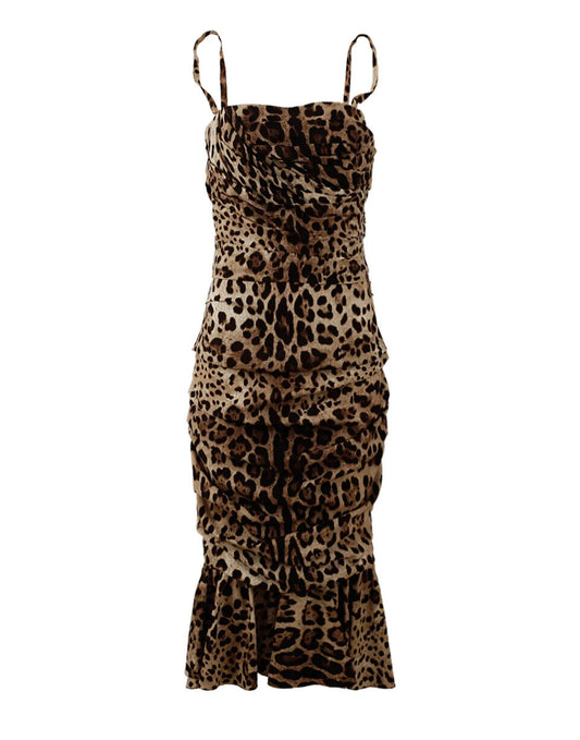 Dolce & Gabbana Brown Leopard Print Ruched Midi Dress Dolce & Gabbana